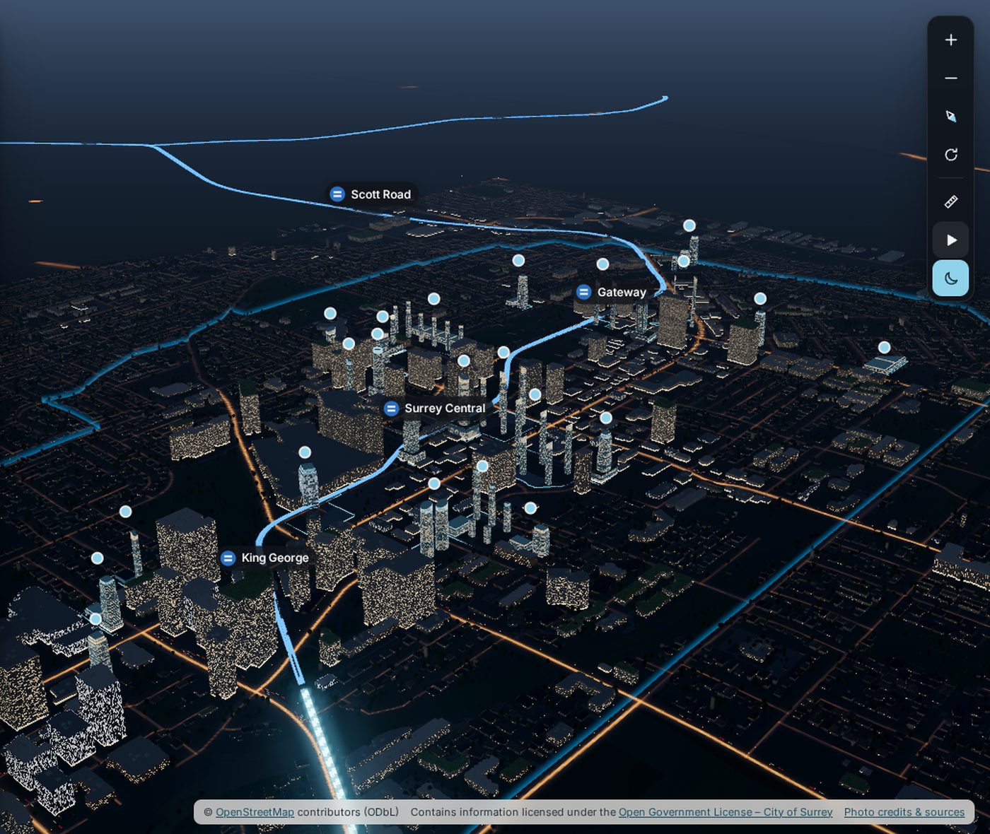 3D view of Surrey City Centre at dusk with SkyTrain and development projects
